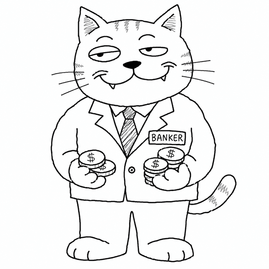 Banker Cat, hand-drawn, holding two stacks of coins
