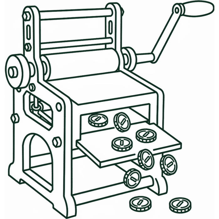 Hand-drawn printing press dropping coins